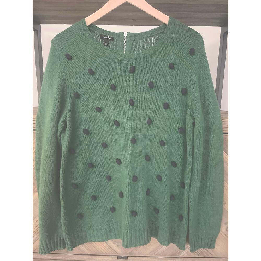 Talbots Pom Pom Cotton Sweater Green Navy Large